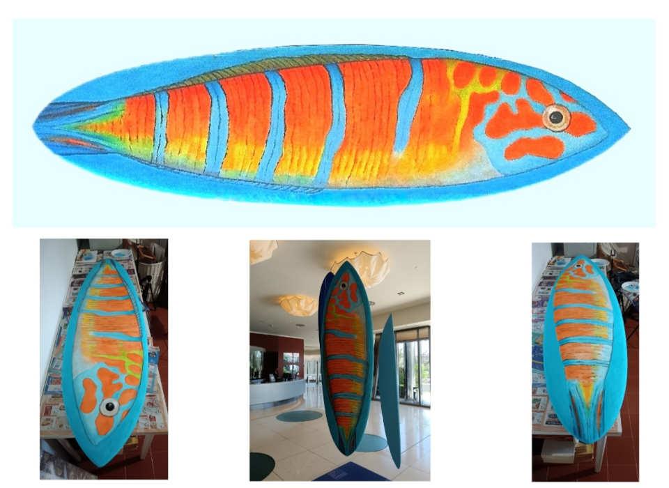 Acrylics on surfboard, 180 cm - Hand painted